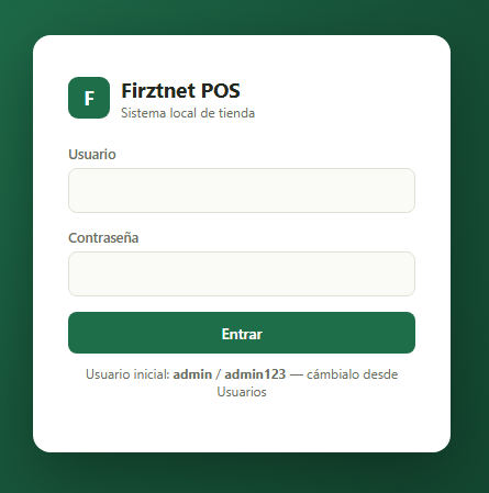 Pantalla de acceso de Firztnet POS