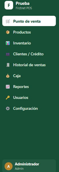 Menú del sistema Firztnet POS